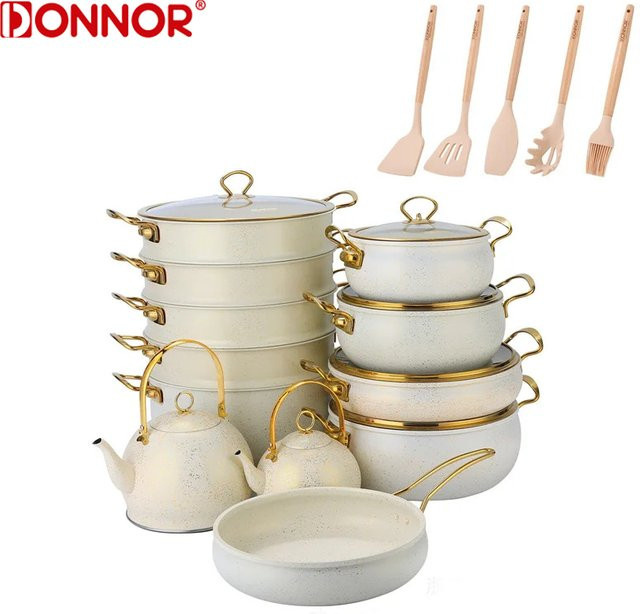 DONNOR 24-teiliges Kochgeschirr-Set mit Antihaftbeschichtung aus Keramik, bestehend aus Bratpfannen, Suppentöpfen und Eintopftöpfen mit Glasdeckeln, geeignet für Induktion, Schwarz und Weiß - Bild 1