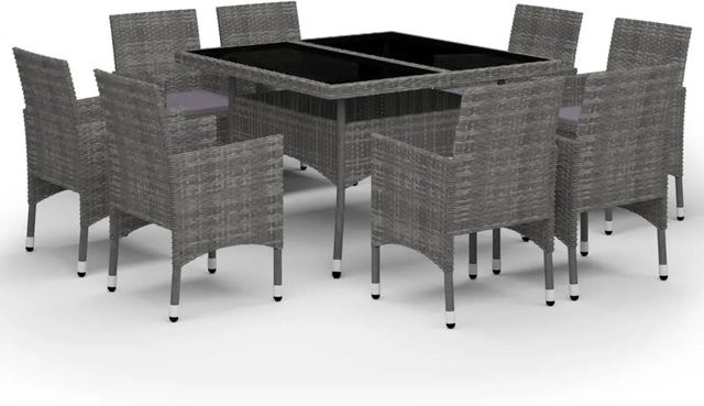 Furnicato 9-teilige Garten-Essgruppe aus Poly Rattan und Glas in Grau mit Hartglasplatte und wetterfesten Kissen - Bild 1