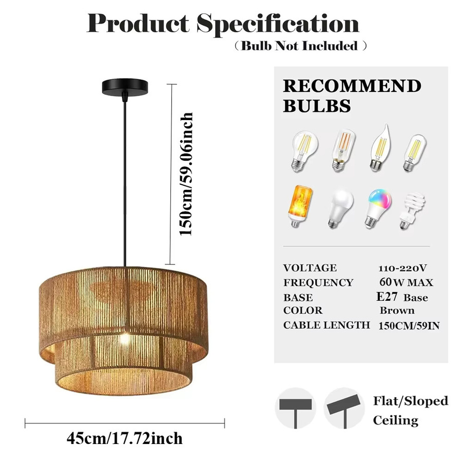 JOYINLED Boho Retro Pendelleuchte aus Rattan, 2-schichtige handgewebte Hängelampe in Schwarz, E27, Durchmesser: 45 cm - Bild 2