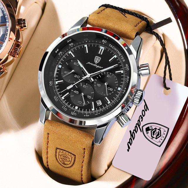 POEDAGAR Armbanduhr Chronograph, Quarz, Edelstahl, Leder, Herren - Bild 1