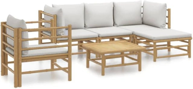 vidaXL 6-tlg Garten-Lounge-Set aus Bambus mit grauen Polstern in L-Form - Bild 1