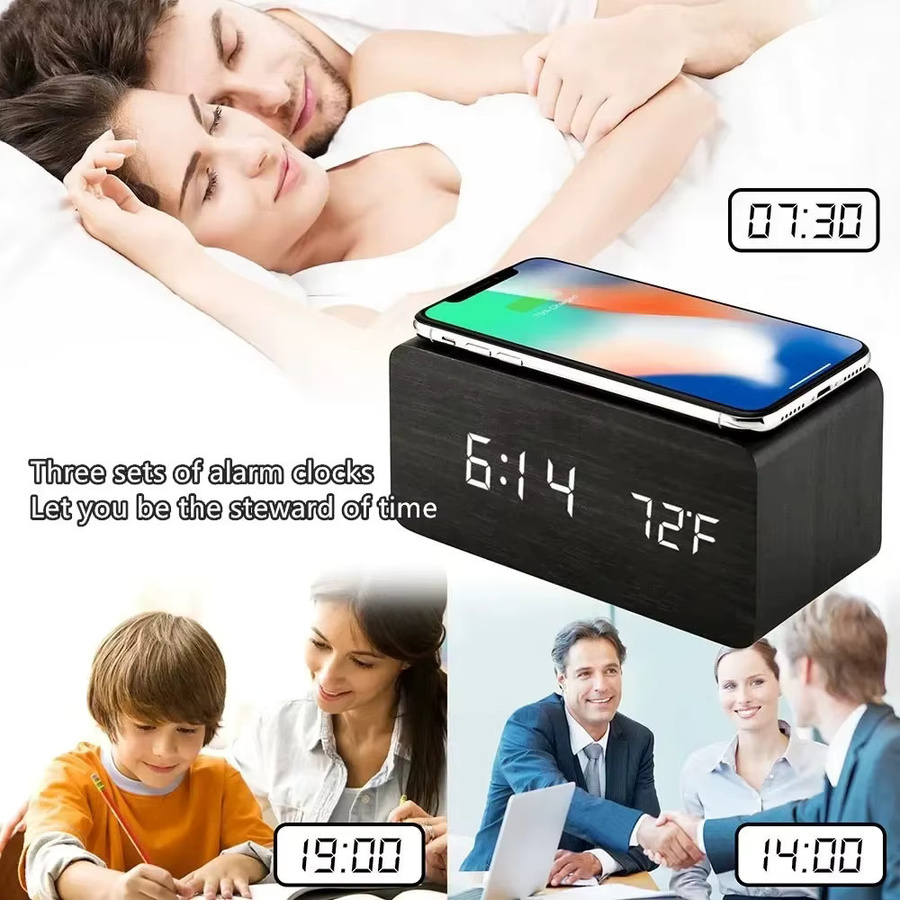 NOCCLILI Hölzerner LED-Digitalwecker mit kabelloser Ladestation, Zeit-, Datum- und Temperaturanzeige - Bild 5