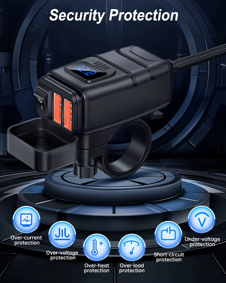 Motorrad-Ladegerät mit Doppel-USB-Anschluss und Schnellladefunktion für Telefon, GPS und elektronische Geräte in Schwarz - Bild 3