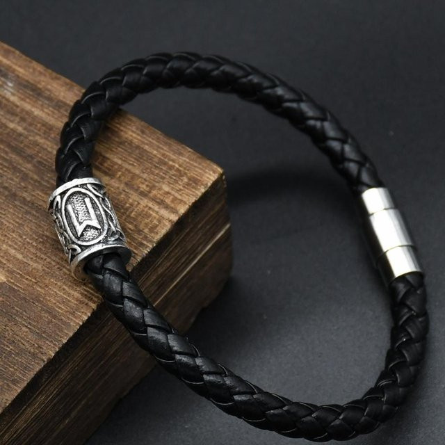 Rui Di Armband, Leder, Messing, Runen Anhänger, Schwarz, 19cm, Unisex - Bild 1