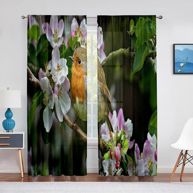 Transparenter Chiffon-Tüllvorhang mit Frühlingskolibris und Blumen-Print für Wohnzimmer und Schlafzimmer, B: 100 cm, H: 250 cm - Bild 1