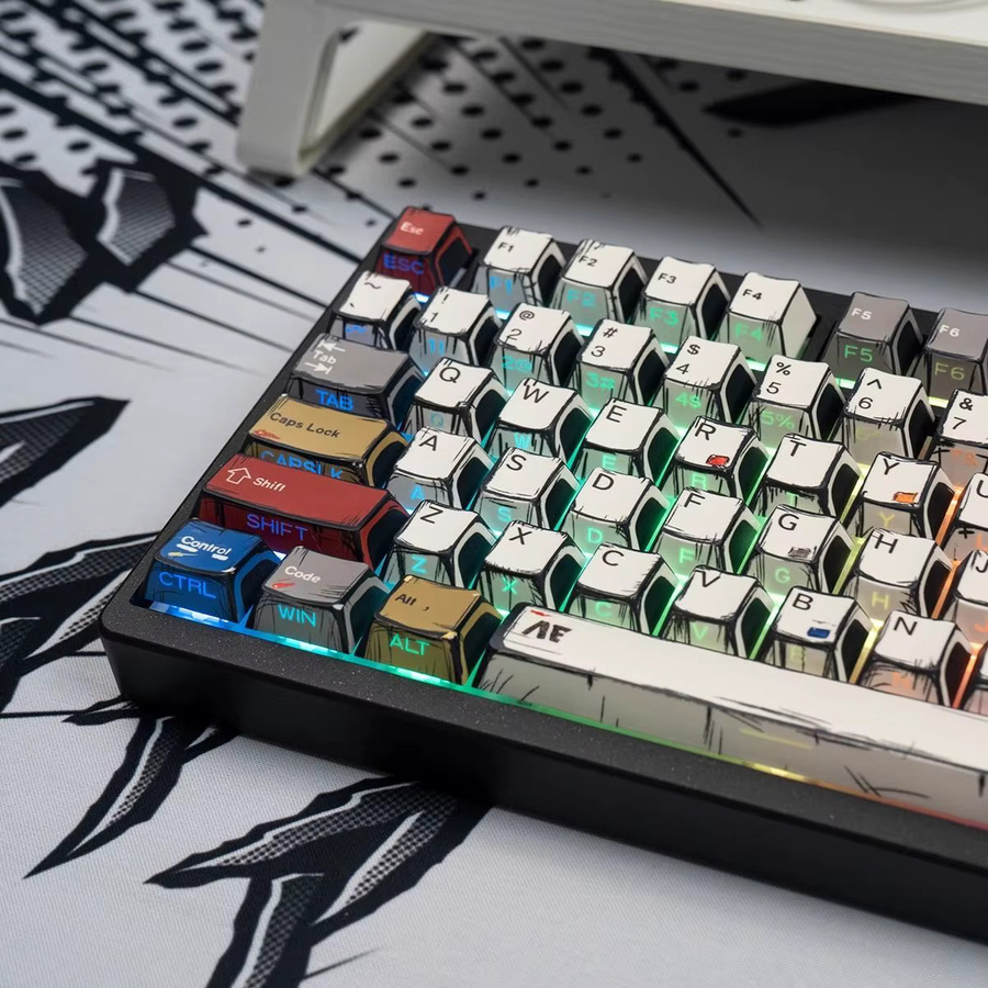 Bunte PBT Tastenkappen im Comic-Stil für mechanische Tastaturen mit Outemu-Kompatibilität, Multicolor, 74/135 Tasten-Set - Bild 5
