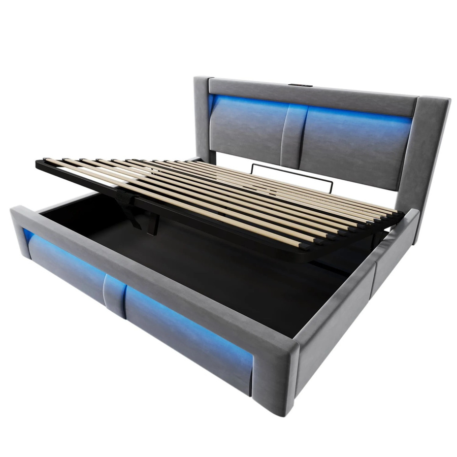 okwish Einzelbett mit Matratze und LED-Beleuchtung in Grau, B/T/H: 140 x 200 x 143 cm - Bild 2