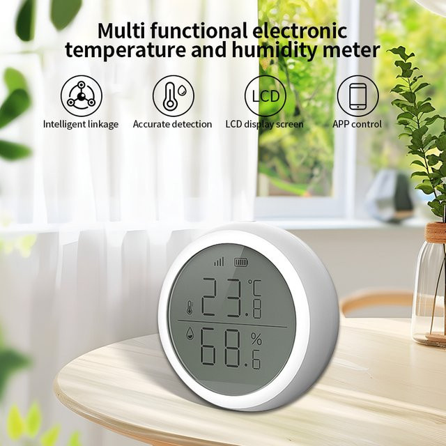 Tuya Smart ZigBee Thermometer und Feuchtigkeitssensor mit LCD-Display und App-Steuerung für Alexa und Google Home, Weiß - Bild 1