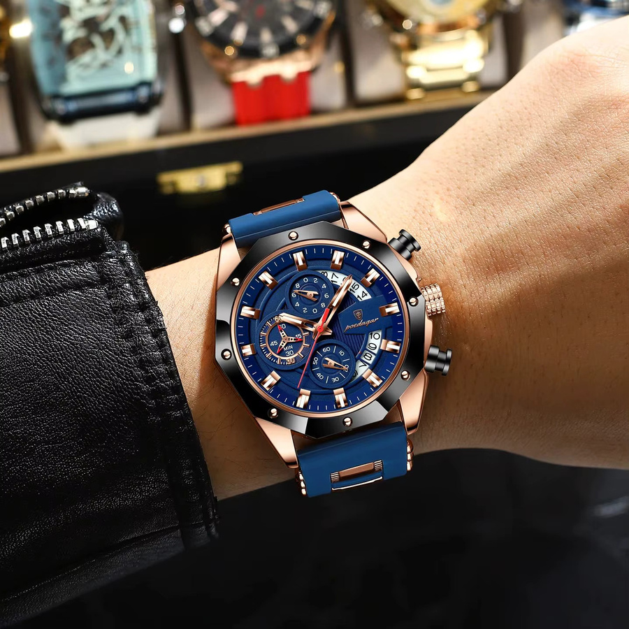 POEDAGAR Armbanduhr Chronograph, Quarz, Silikon, Schwarz, Herren - Bild 6