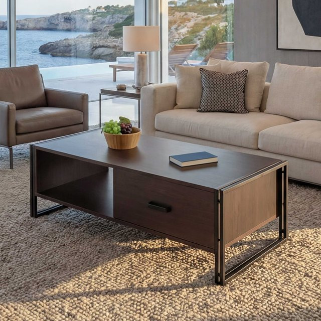 Couchtisch MCW A27 in Dunkelbraun mit 3D-Struktur und Industrie-Design aus Metall und MDF, B/T/H: 120 x 41 x 60 cm - Bild 1