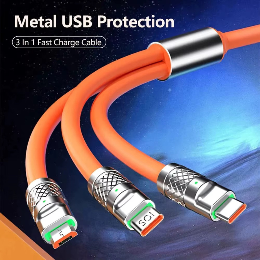 OIITH 3-in-1 Silikon-Ladekabel mit 120W Schnellladefunktion für USB-C, Micro-USB und Lightning in Grün und Orange - Bild 4