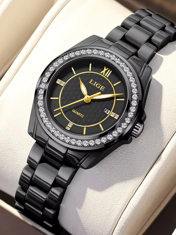 LIGE Armbanduhr, Chronograph, Keramik, Schwarz, Quarz, Damen - Bild 6