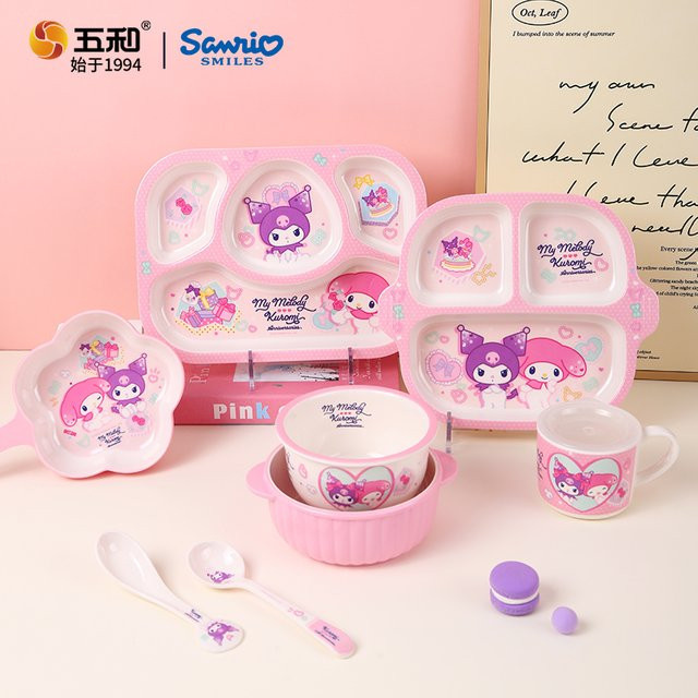 WUHE Kinder-Geschirrset Kuromi Cartoon in Pink mit Teller, Schüssel, Wasserbecher und Löffel aus Melamin - Bild 1