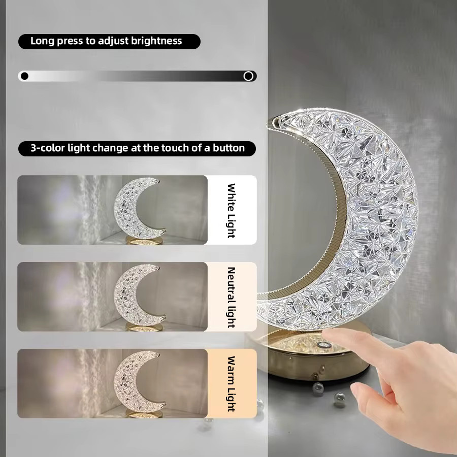 KDULIT Mondnachtlicht Kristall-Tischlampe mit 3 Farben und dimmbarer Touch-Bedienung in Diamant-Optik - Bild 3
