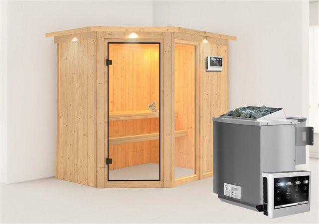 Karibu Sauna Freyja 1 Bio-Sauna mit BioKombiofen 9.0 kW, LED-Dachkranz und externem Steuergerät, B/T: 202 x 151 cm, Natur - Bild 1