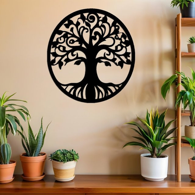 CIFBUY Lebensbaum Wandkunst aus Metall in Schwarz, Lasergeschnittene florale Wanddekoration im modernen minimalistischen Stil - Bild 1