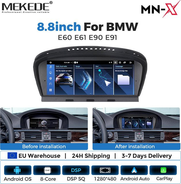 MEKEDE Android 15 Auto-Multimedia-Player für BMW 3er E90 E91 E92 E93 und 5er E60 E61 E63 E64 mit CCC CIC Unterstützung, 4G WIFI DSP, kabelloses Carplay Android Auto und GPS-Navigation, Schwarz - Bild 1