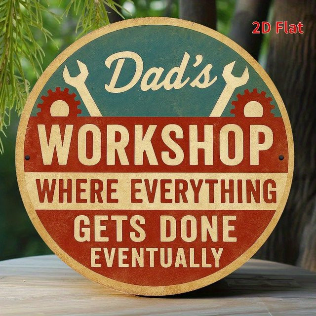 Potdemiel Vintage Metallschild Dad's Workshop Garagendekoration in Rot und Blaugrün Durchmesser: 20 cm - Bild 1