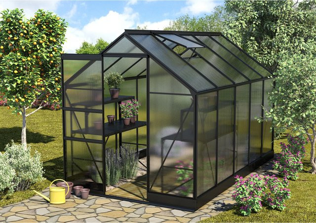 Vitavia Gewächshaus Apollo 6200 in Schwarz mit 6,2 m² Fläche und 6 mm HKP-Platten inklusive Fundament - Bild 1