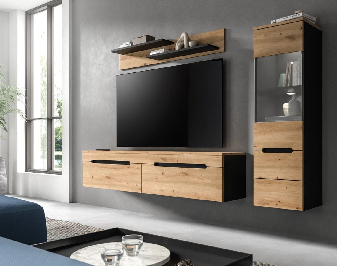 Inn.Furn Wohnwand Cooper modern in Eiche und Grau mit Glasvitrine und Lowboard, Breite: 221 cm - Bild 3