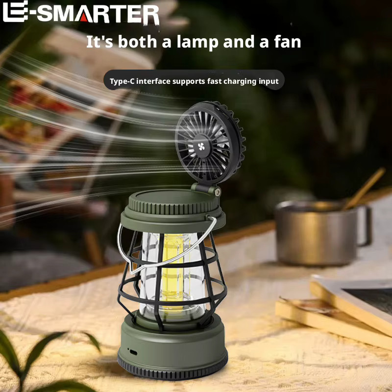 ESMARTER LED-Camping-Ventilator-Laterne in Schwarz, wiederaufladbare tragbare Handlampe mit warmweißem Licht für Outdoor, Zelt und Garten - Bild 1