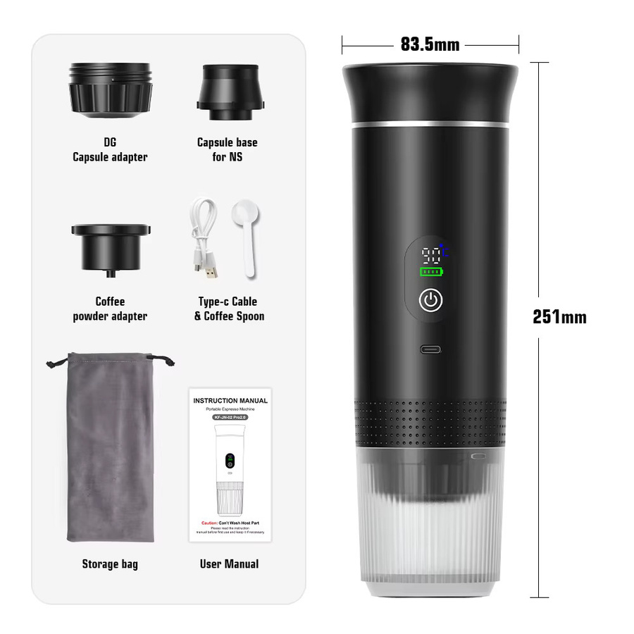 DENOKIN Tragbare Espressomaschine mit Digitalanzeige, 3-in-1-Kapselkaffeemaschine für Auto und Camping, Schwarz - Bild 7