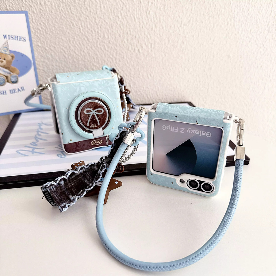Modische Handyhülle aus PU-Leder für Samsung Galaxy Z Flip mit magnetischem Ständer und Handschlaufe in Blau - Bild 2
