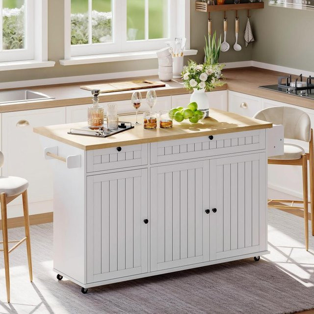 Ye Kücheninsel mit klappbarer Arbeitsplatte in Weiß, Küchenschrank mit Rollen, Schubladen und Regalfächern, B/T/H: 137 x 89,5 x 45 cm - Bild 1