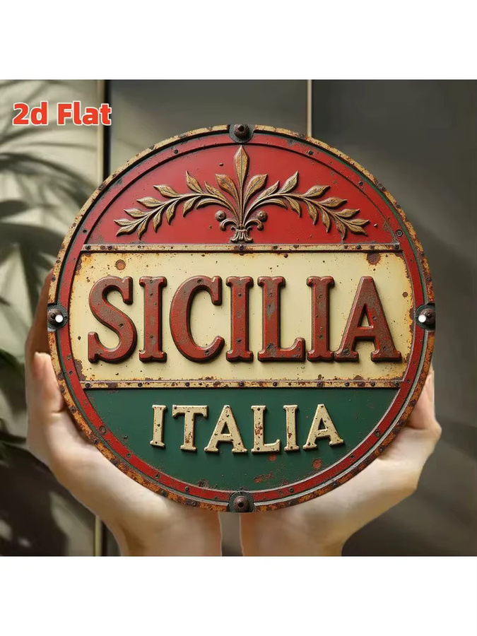 Potdemiel Vintage-Wandkunst aus Metall Sicilia Italia – 2D-Flachschild aus Aluminium in Rot zur Wandmontage - Bild 5