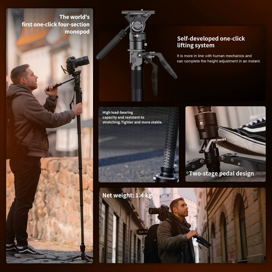 COMAN M1 PRO V5 Carbon Fiber Einbeinstativ mit One Click Lifting und Schnellverschluss-Fußverschluss in Schwarz - Bild 2