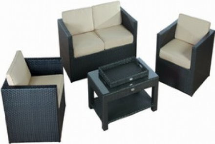 Loungeset aus Polyrattan in Anthrazit mit Bank, 2 Sesseln, Tisch und Polsterkissen - Bild 1