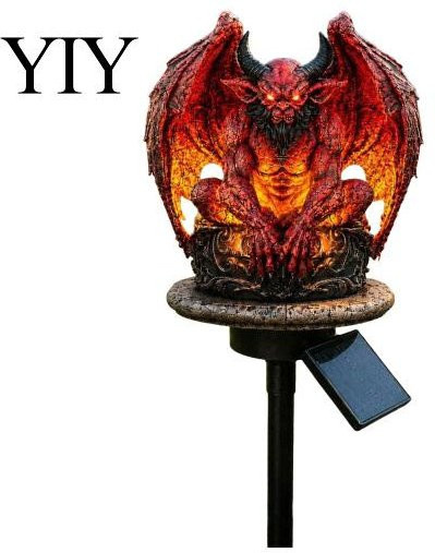 Jincharongyuya Solar-Gartenstecker Gotische Gargoyle-Statue mit warmer LED-Beleuchtung, Schwarze Drachenlicht-Dekoration aus Harz mit Fledermausflügeln und Teufelsfigur für den Außenbereich - Bild 1