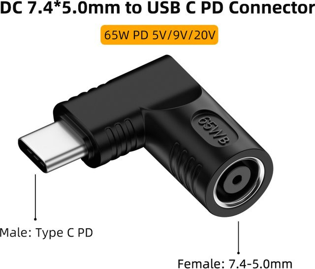 Geris Power USB Typ C auf DC 7,4 x 5,0 mm Netzteil-Konverter 65 W in Schwarz für HP, Dell, MacBook, Huawei, Lenovo, Xiaomi und Samsung - Bild 1