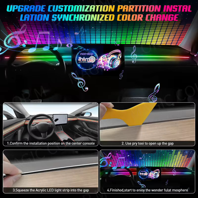 Vgetting Symphony LED Auto Umgebungslichter 6 in 1 RGB Atmosphärenlampe Universal für Tesla Model 3 Y S X, Multicolour, USB, App- und Fernbedienung, Länge: 140 cm - Bild 4