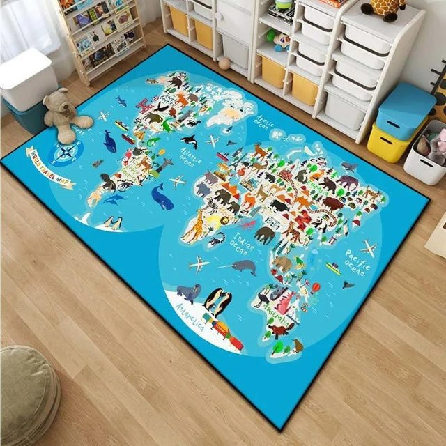 Kinder Weltkarte Cartoon Teppich HGHT in Multicolour, strapazierfähiger Bereichsteppich aus Polyester für Kinderzimmer, Wohnzimmer oder Badezimmer, B/T: 160 x 200 cm - Bild 1