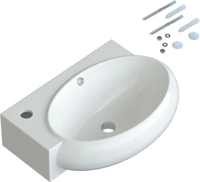 Aquabatos Aufsatzwaschbecken aus Keramik in Weiß mit Überlauf und Wasserhahnloch, Wandmontage, B: 44 cm, T: 29 cm, H: 13,5 cm - Bild 1