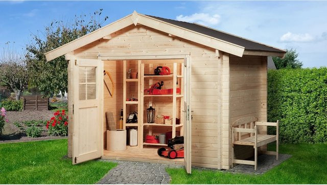 WEKA Gartenhaus 132 Gr.3 aus europäischer Fichte mit Satteldach und Vordach in Beige, B/H/T: 380 x 262 x 300 cm - Bild 1