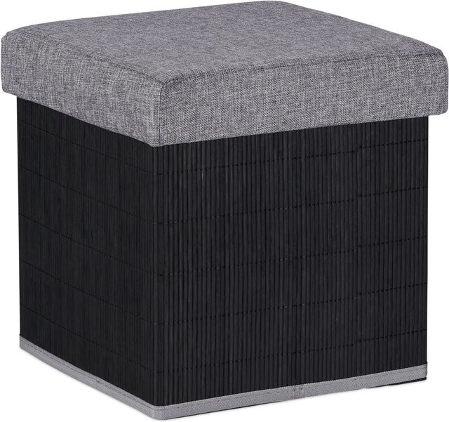 Relaxdays Sitzhocker mit Stauraum aus Bambus, schwarz und grau, faltbar und gepolstert, B/T/H: 36 x 35 x 35 cm - Bild 1
