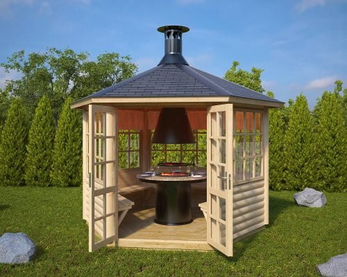 Hansagarten24 Grillhütte Seattle aus Nordischer Kiefer in Braun, sechseckige Garten-Grillhütte mit Sitzgelegenheiten und Holzkohlegrill, B/T/H: 300 x 300 cm - Bild 1