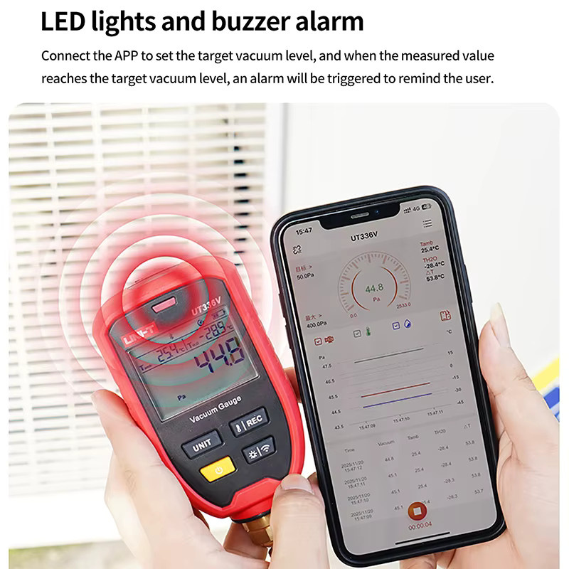 UNI-T Kabelloses digitales Vakuummessgerät UT336V in Rot mit Mobile APP-Verbindung für die HVAC-Kältetechnik (1-19000 Mikron) - Bild 3