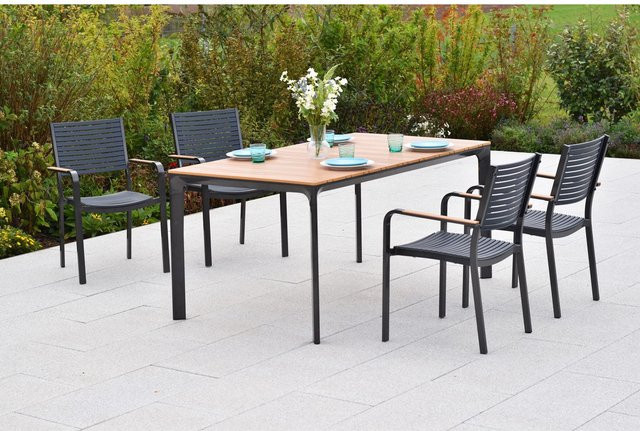 Merxx Paliano Gartenmöbel-Set 5-tlg. aus Stahl und Kunststoff in Schwarz, bestehend aus 1 Tisch und 4 Stapelsesseln - Bild 1