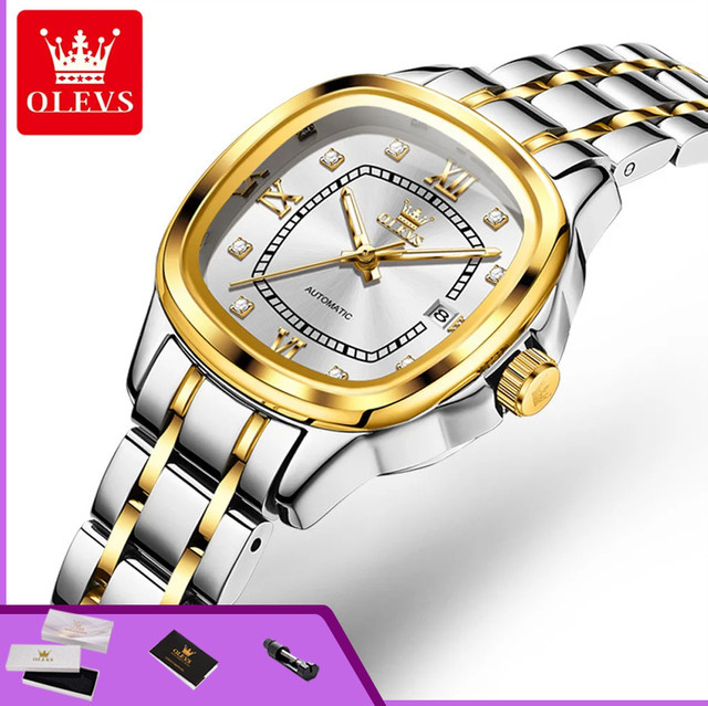 OLEVS Armbanduhr Automatik, Tonneau, Edelstahl, Bicolor, Gold, Damen - Bild 1