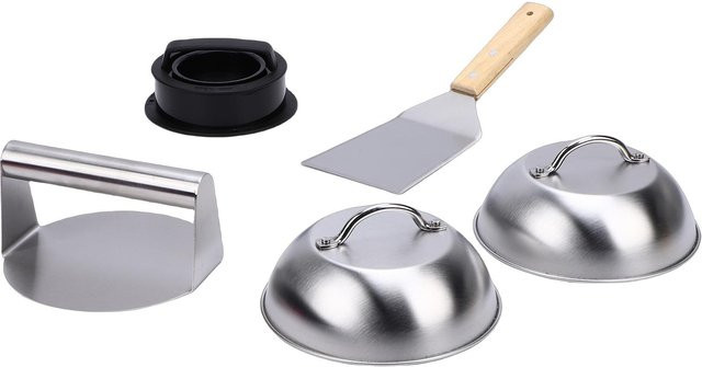 Musysh BBQ Grillset aus Edelstahl mit Holzgriff in Silber, bestehend aus Käseschmelzkappe, Wender und Hackschaber - Bild 1
