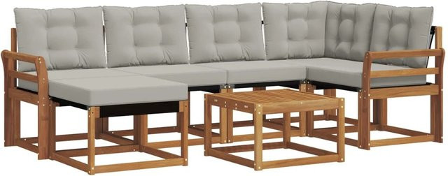vidaXL Outdoor-Sofagarnitur 7-teilig L-Form aus Akazienholz mit Textilene und Kissen in Natur und Hellgrau - Bild 1