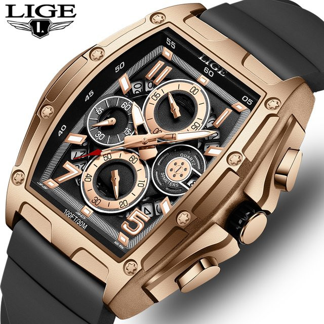 LIGE Armbanduhr Chronograph, Quarz, Edelstahl, Schwarz, Herren, eckig - Bild 1