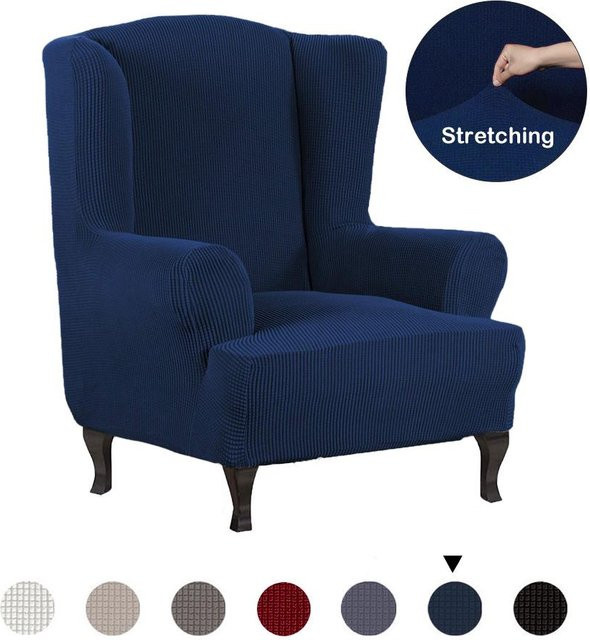 Cozy Up Home Ohrensessel-Schonbezug aus Jacquard-Stretch-Material mit Karomuster in Blau, B: 91,4 cm, T: 81,3 cm, H: 114,3 cm - Bild 1