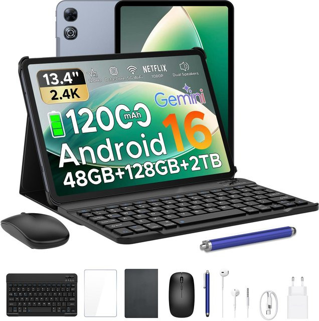 POCKAM P13 Tablet Grau mit 13,4 Zoll 2,4K 120Hz Display, Android 16, 48 GB RAM, 128 GB Speicher, 12000 mAh Akku, Widevine L1, Dual-Lautsprecher, inklusive Tastatur und Stifteetui - Bild 1