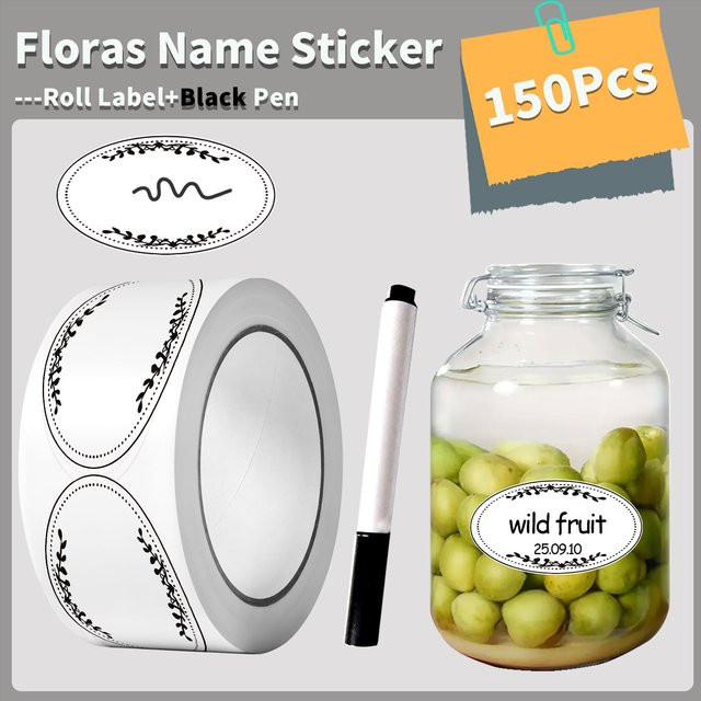 Floras Namensaufkleber mit schwarzem Markierungsstift, 150 Stück, Weiß/Schwarz, B: 2,5 cm x H: 4 cm - Bild 1