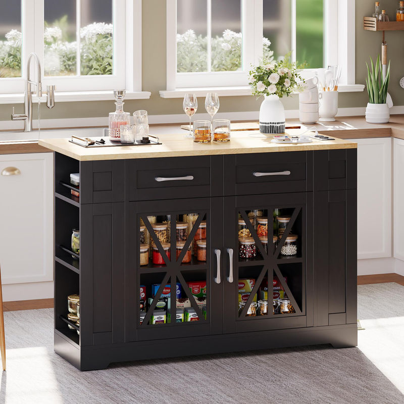 Kücheninsel von TG Electrical DE mit klappbarem Esstisch und erweiterbarer Arbeitsfläche in Schwarz und Naturfarbe, B/T/H: 120 x 40/65 x 92 cm - Bild 2