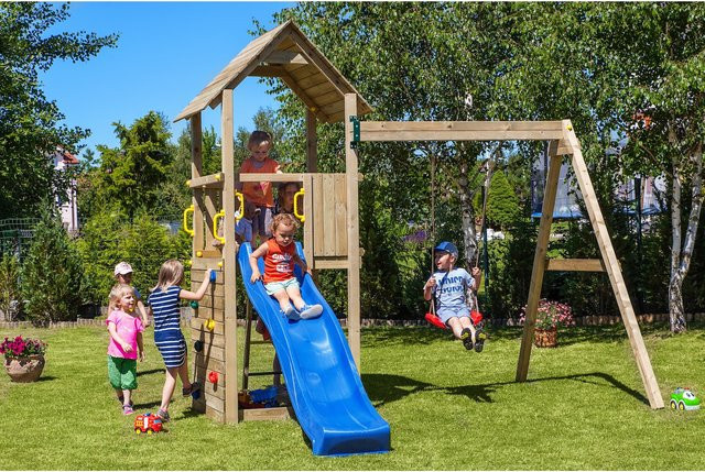 Fungoo Spielturm Carol 2 Klettergerüst mit Rutsche, Schaukel und Kletterwand in Natur - Bild 4
